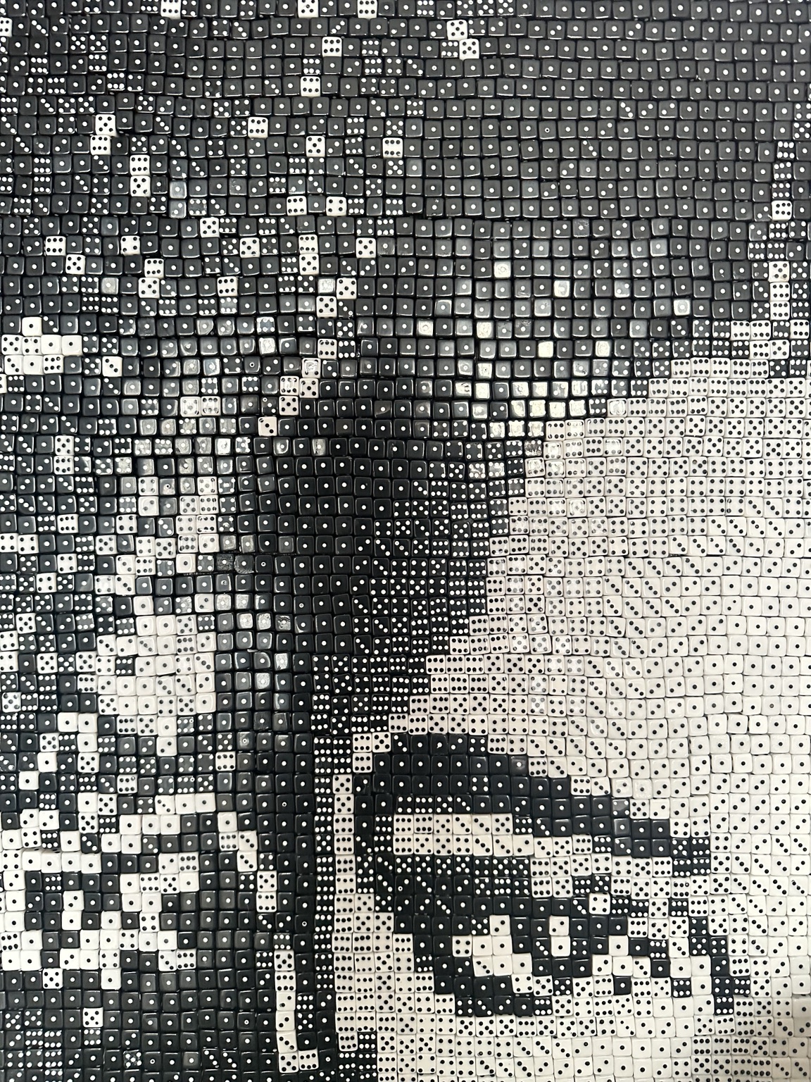 Close detail showing individual black and white dice forming the portrait's eye and facial contours