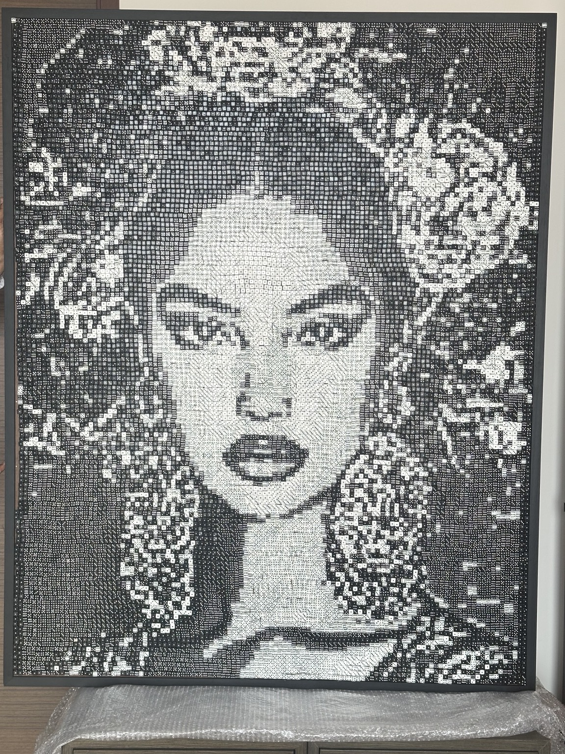 Close view showing thousands of dice forming the portrait's face and floral textures